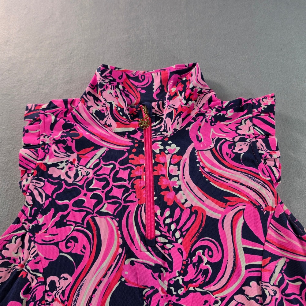 Lilly Pulitzer Luxletic Sleeveless Golf Polo Pink Navy Floral Ruffle XL - Picture 2 of 8